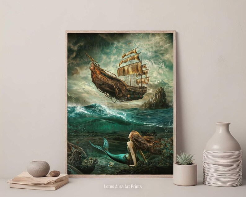 Coastal Ocean Aesthetic,Nautical Wall Art,Baroque Siren Painting,Art Poster Print,mermaid aesthetic,goblincore art,light academia print,mermaidcore,cottagecore poster,fairycore,french aesthetic,Dark Rustic Mermaid Painting,Greenhouse Art Print
