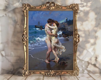 Romantic Blues, Gothic Pirate And Siren Art Print, Fathers Gift, Dark Academia Ocean Decor For Beach Houses