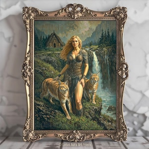 Norse Goddess Freya Print,Goddess Of Love,Divine Feminine Art,Norse Mythology,Art Nouveau,Feminine Energy,Witchy Gifts,Art Poster Print,freyja cats,freya wall art,norse art decor,art nouveau wall art,goddess home decor,goddess of fertility,freya