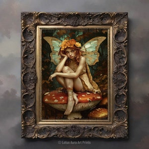 Golden Fairy Art Print, Fantasy Cottagecore Picture, Autumn Fae Poster, Whimsical Nature Wall Decor, Pixie Faerie, Folklore Sprite