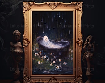 Ghost In A Bathtub, Sheeted Ghost Art Print, Nostalgia Poster, Art Poster Print, Dark Academia Room Decor, Gothic Retro, Abandoned Art