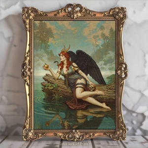 Fallen Angel Lilith Demon Queen Print,Whimsical Goth Dark Academia Mythological Oil Painting,Occult Wicca Pagan Art Gift,Witchy Home Decor