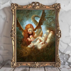 May include: A framed painting depicting a woman with wings and a woman lying on the ground. The woman with wings is holding a red apple. The painting is set in a forest with green foliage.