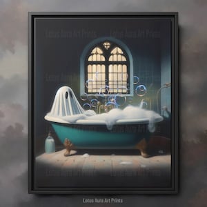 Ghost In Bathtub Bubble Bath Print On Framed Canvas, Ghost Bathroom Halloween Decor, Haunting Ghost,Gothic Print,Abandoned Art,Dark Academia