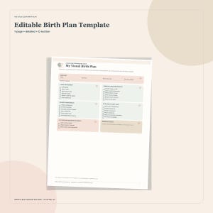 Peut inclure: Un modèle de plan de naissance modifiable intitulé My Visual Birth Plan. Le document comprend des sections pour l'environnement de travail, les préférences d'accouchement, le confort, les soins post-natals et des notes importantes.