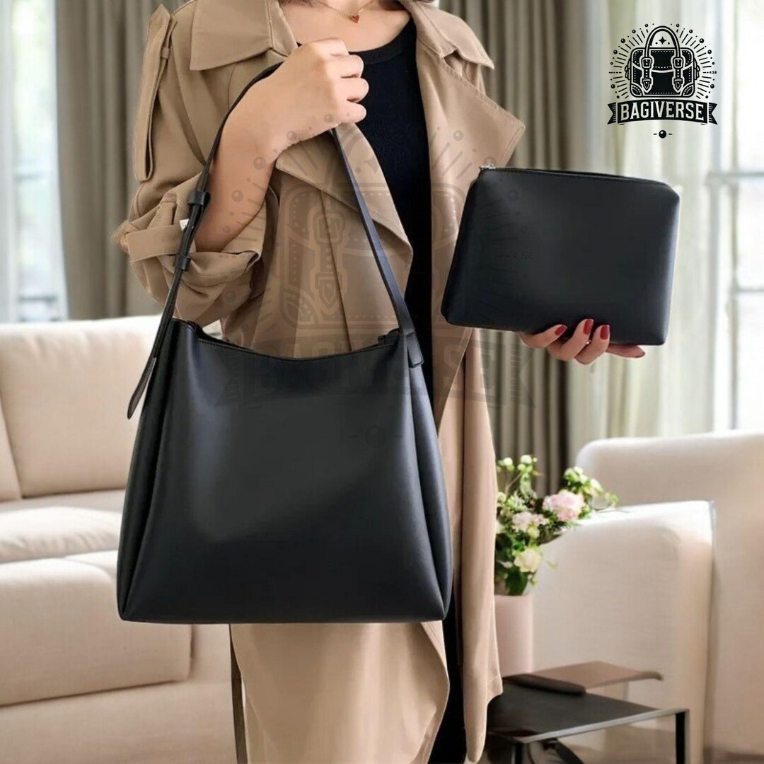 Minimalist Black Leather Shoulder Bag With Pouch, Crossbody