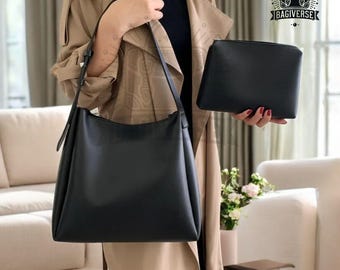 Minimalist Black Leather Shoulder Bag with Pouch, Crossbody Tote, Stylish Everyday Handbag, Vegan Leather Purse, Perfect Gift for Women