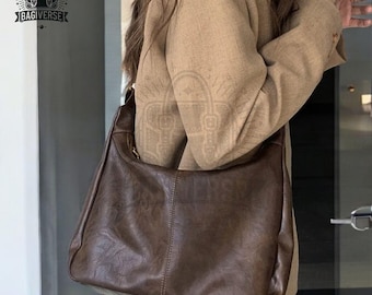 Brown Faux Leather Hobo Bag, Casual Shoulder Tote for Women, Vintage Style Handbag with Spacious Design, Everyday Use Bag