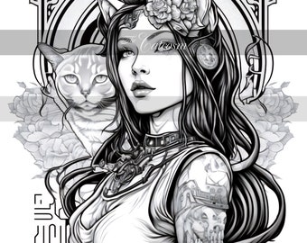 Cat Sorceress, Tala, Grayscale Coloring Page: Fantasy Floral Vintage Nouveau Style Illustration, Instant Download Printable Coloring Page