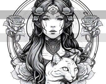 Cat Sorceress, Zara, Grayscale Coloring Page: Fantasy Floral Vintage Nouveau Style Illustration, Instant Download Printable Coloring Page