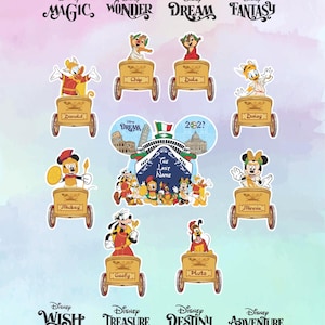 May include: A collection of Disney character stickers, including Donald Duck, Chip, Dale, Daisy, Mickey, Minnie, Goofy, and Pluto. Each character is in a chariot. The image also includes the words "Disney Magic, Wonder, Dream, Fantasy, Wish, Treasure, Destiny, Adventure."