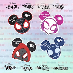 May include: Four Disney-themed stickers featuring superhero designs. Each sticker has a Mickey Mouse ear design with the text "Your Name Here". The stickers are in red, white, black, and blue colors.