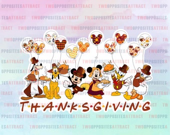 May include: A Thanksgiving-themed illustration featuring Mickey Mouse and his friends, Goofy, Pluto, Donald Duck, and Daisy Duck. The characters are dressed in pilgrim costumes and holding Thanksgiving-themed items, such as a turkey, a pie, and a cornucopia. The background is a watercolor-style design with fall colors.