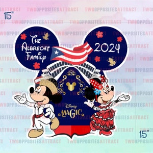 May include: A 15-inch Mickey Mouse and Minnie Mouse themed Disney Cruise Line design with the text "The Albrecht Family" and "Disney Magic" in gold lettering. The design also includes a red, white, and blue American flag and the year "2024".