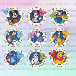 May include: Set of nine circular stickers featuring Disney characters like Mickey, Minnie, and Winnie the Pooh. Each character is inside a blue circle with a gold border, holding a balloon with a name. The stickers are colorful and festive.