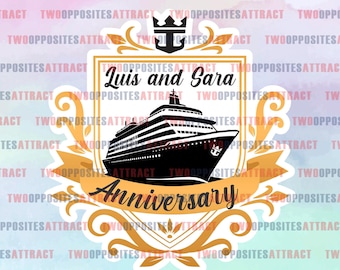 May include: A digital graphic featuring a black and white cruise ship, with the words "Luis and Sara" above it. Below the ship, the word "Anniversary" is displayed in a gold banner. The background is a gradient of pink and blue.