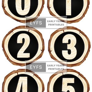 May include: Six round wooden slices with black circles in the centre. Each circle has a white number from 0 to 5.