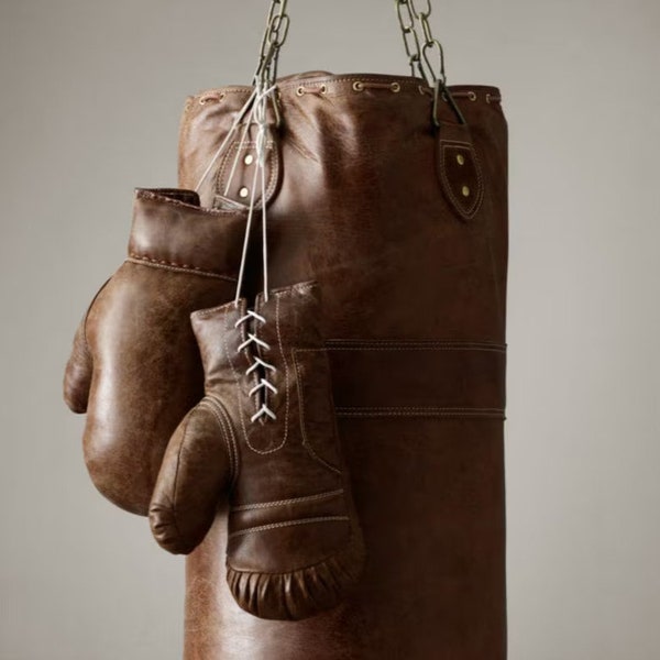 Leder-Boxsack im Vintage-Stil, Boxsack, schwere Tasche, handgefertigter MMA-Kickbox-Sandsack, Trainertasche, Turnbeutel, Turnbeutel