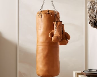 Ultimate deluxe tan vintage leather punching bag, training boxing bag, MMA kickboxing handmade sand bag, cowhide heavy bag, gym exercise bag