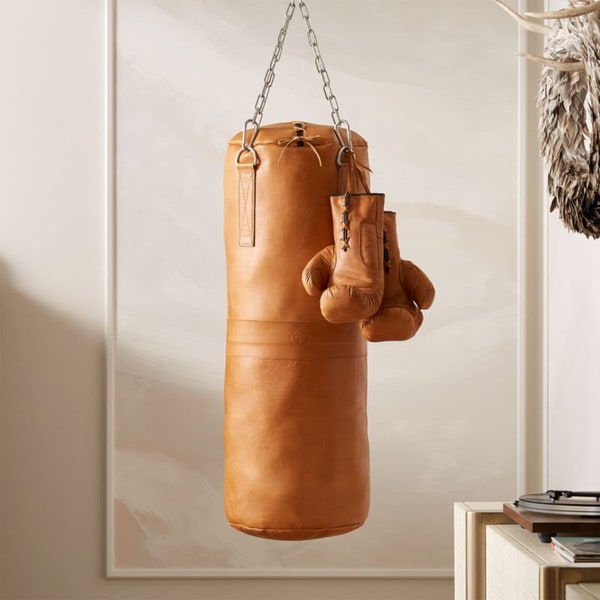 Ultimate deluxe tan vintage leather punching bag, training boxing bag, MMA kickboxing handmade sand bag, cowhide heavy bag, gym exercise bag