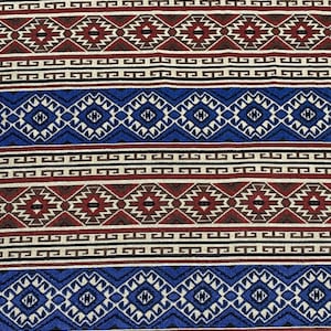 Navajo Weave Thick Quality Upholstery Fabric in Blue & red on the roll