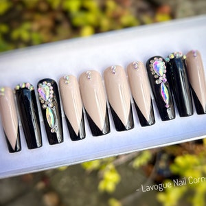 Diamond in black Press on nails, luxury nails charm for long glue on nails or fake nails, ready to ship nails, made for demand