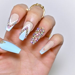 Crystal press on nails coffin short for short false or fake nails, luxury glue on nails for bride or birthday press on