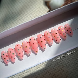 Vibrant Rainbow Press On Nails - Colourful Nail Art with diamonds, fake or false nails for Christmas