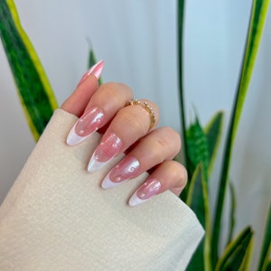 Glazed French tip Pearl press on Nails | Chrome glue on nails | Fake Nails | False Nails | hand painted | Sets of 10 and 24 nails