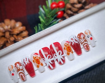 Ginger man Press On Nails long coffin| Red deer fake nails or glue on nails, kawaii Christmas stick on nails for winter