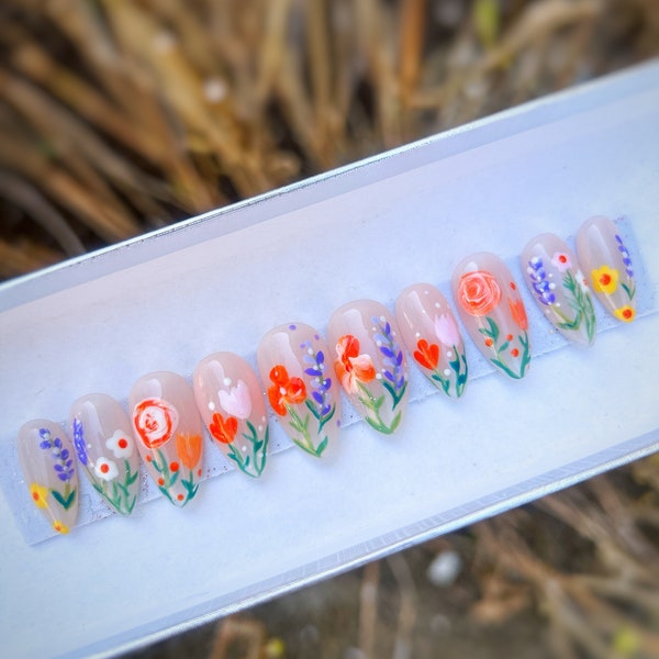 Floral press on nails almond long, kawaii colorful  false or fake nails, rainbow abstract glue or stick on nails for spring and summer