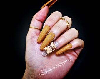 3D Teddy Bear Press on Nails coffin long, animal false or glue on nails, handmade stick on nails for made to order, Set of 10 or 24