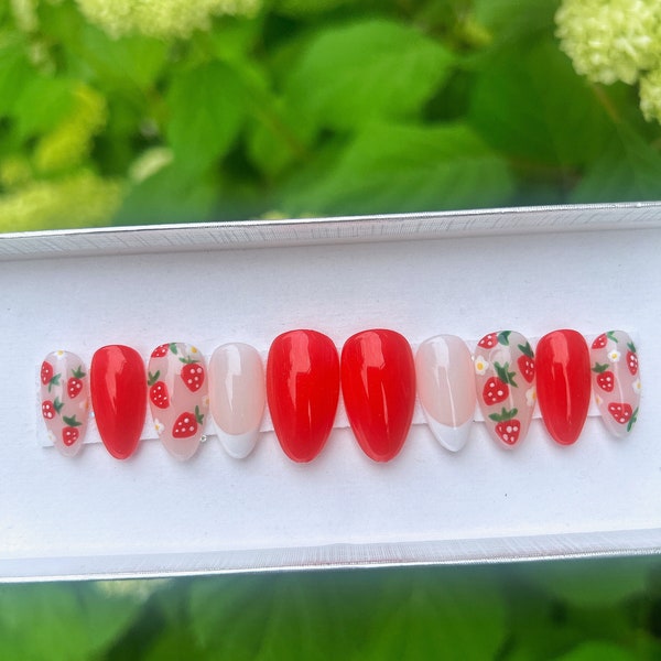 Kawaii strawberry press on nails, cute fruit nails short almond, reusable glue on nails, French tip nails