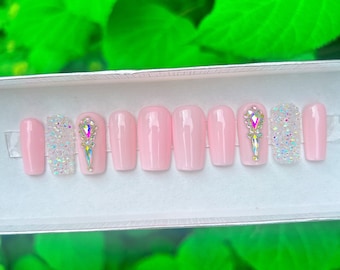Pink Sparkles Press on nails short, luxury False or Fake Nails for coffin or square, reusable handmade glue on nails, ready to ship