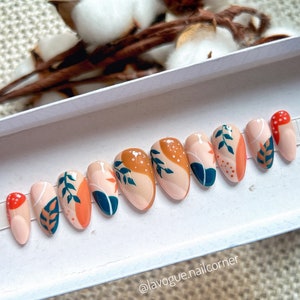 Uñas postizas con diseño floral, almendra corta, uñas postizas vintage o falsas, uñas abstractas con pegamento o adhesivas para otoño