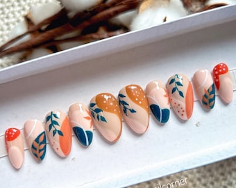 Floral press on nails almond short, vintage false or fake nails, abstract glue or stick on nails for autum