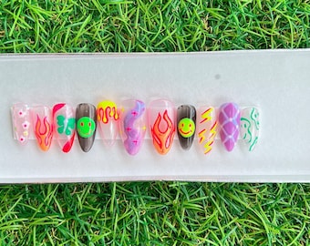 Abstract, Colorful & Fun Press On Nails for Short Almond Nails, Luxury Glue on Nail or faux nails, made to order