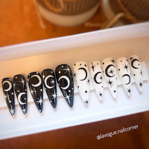 Moon and stars press on nails stiletto, universe fake or false nails, handmade and reusable glue on nails, black and white nails