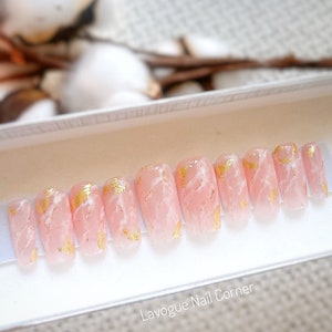 Pink and Gold Marble Press on Nails Square| Elegant Fake Nails or False Nails | hand painted Glue on nails, ready to ship, Set of 10 or 20