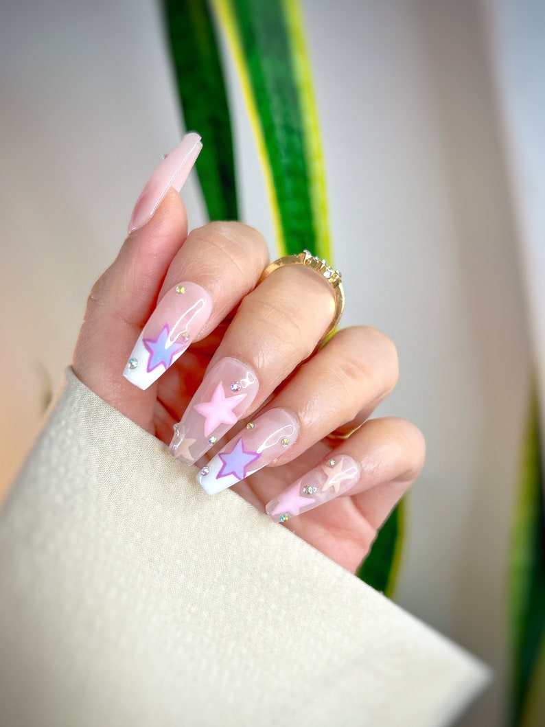 Press on Nails Short Coffin With Stars Hand Drawn False or - Etsy