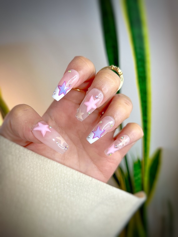 Press on Nails Short Coffin With Stars Hand Drawn False or Fake Nails Cute Spring and Summer Nails Birthday Gift for Her Etsy