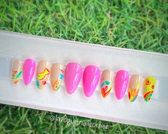 Abstract and colorful press on nails short almond, luxury rainbow false or fake nails, kawaii glue on nails for spring and summer