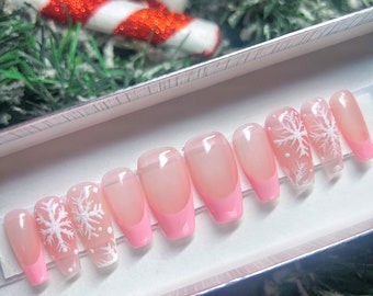 Snowflake Press On Nails Coffin| Winter Fake Nails | Christmas Gift false nails| French tip nails set | Ready to ship| Set of 10 or 20
