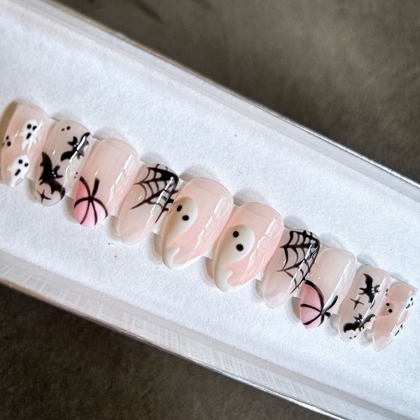 Bat press on nails, Halloween fake or false nails with ghost, reusable glue on nails, handmade stick on nails