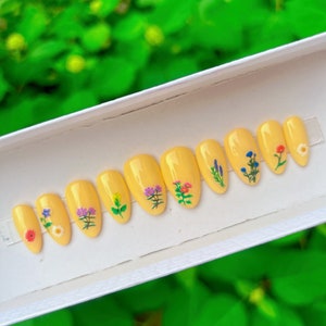 5D Wildflowers press on nails almond long, kawaii false or fake nails, lovely glue or stick on nails for spring and summer