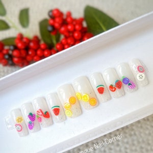 3D Fruits press on nails short, milky white false or fake nails, coffin or square glue or stick on nails for summer, ready to ship