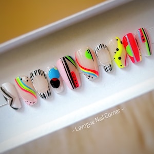 Colorful abstract press on nails short, rainbow coffin false or fake nails, hand drawn and ready to ship for pride nails