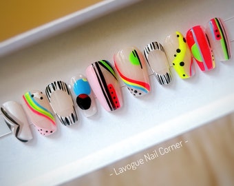 Colorful abstract press on nails short, rainbow coffin false or fake nails, hand drawn and ready to ship for pride nails