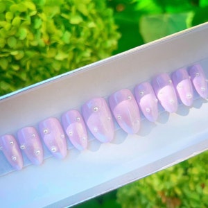Lavender press on nails almond, pearl false or fake nails, purple glue or stick on nails, unicorn glazed nails for birthday