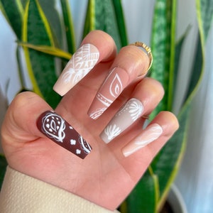 Boho Press on Nails long coffin, handmade Stick on, False or Glue on Nails, ready to ship